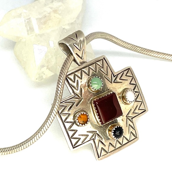 Vintage Navajo Cross Pendant Garnet Turquoise Amber Onyx Moonstone. Sterling - Picture 1 of 6